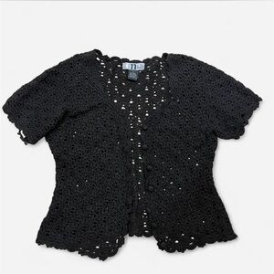 Y2K Crochet Cardigan Sweater Vintage Black Short Sleeves Size Medium 2000s era